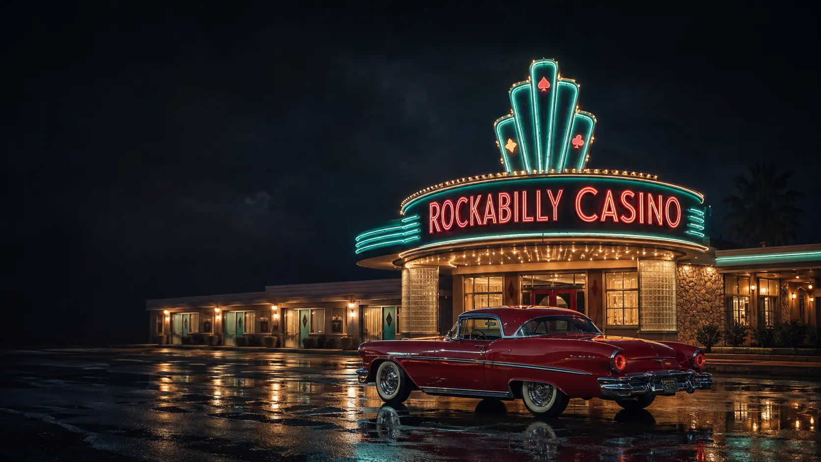 A neon-lit rockabilly casino at night with a vintage car and wet pavement